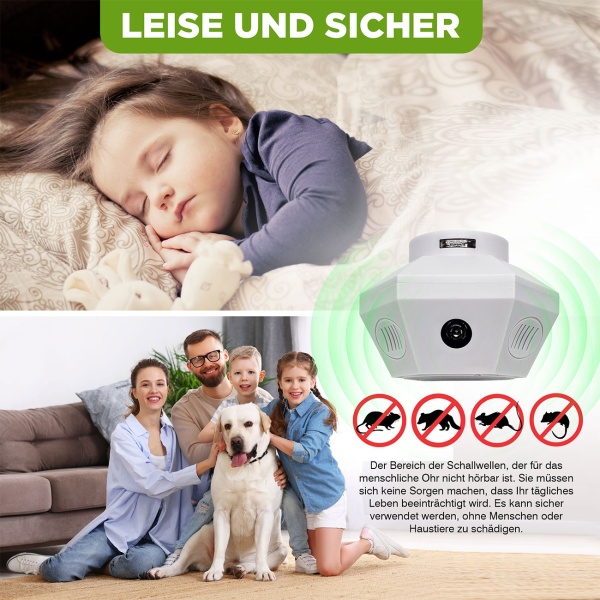 2er-Set Ultraschall Tiervertreiber 360°: Effektiv gegen Mäuse, Ratten, Marder & Siebenschläfer - Universell für Dachboden, Keller & Innenräume