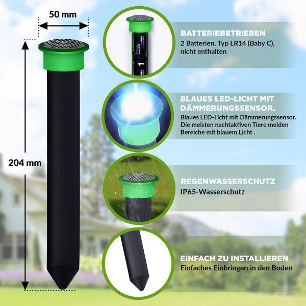 4er-Set Effektiver Tiervertreiber Erdspiess gegen Wühlmäuse, Maulwürfe, Ameisen, Schlangen & Wildtiere - Schutz für Garten & Rasen