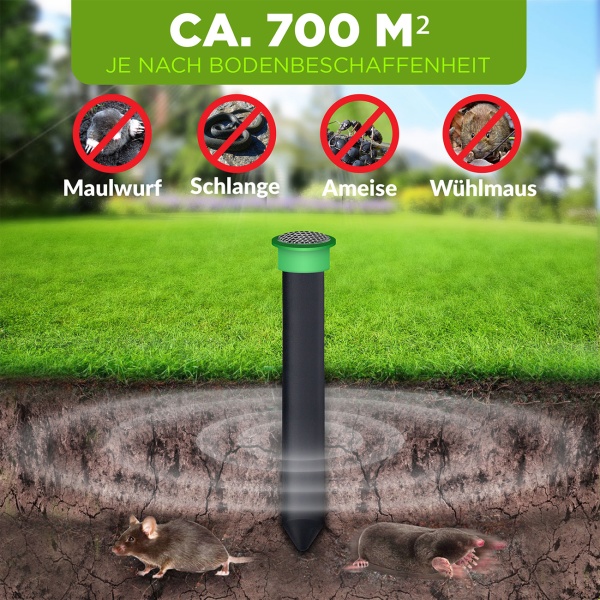 4er-Set Effektiver Tiervertreiber Erdspiess gegen Wühlmäuse, Maulwürfe, Ameisen, Schlangen & Wildtiere - Schutz für Garten & Rasen