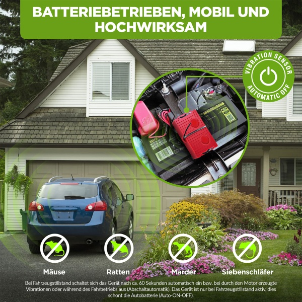 2er-Set Mobiler Marderschreck – Effektiver Ultraschall-Mardervertreiber mit Batterie für Auto, Dachboden und Garage gegen Marder und Mäuse