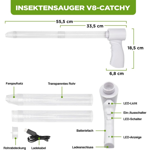 Elektrischer Insekten- und Spinnensauger mit Teleskopstiel und LED-Lebendfalle, wiederaufladbar - für eine schonende hygienische Entfernung