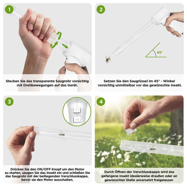 Elektrischer Insekten- und Spinnensauger mit Teleskopstiel und LED-Lebendfalle, wiederaufladbar - für eine schonende hygienische Entfernung
