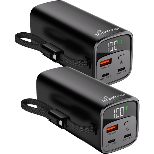 2er-Set Mobiler Zusatzakku, Powerbank 20000mAh mit integriertem Ladekabel, LC-Display: Schnellladen 65W Power Delivery - USB-C/USB-A