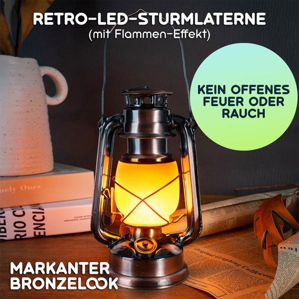 Retro-LED-Sturmlaterne (25cm) mit Flammen-Optik – Klassische, batteriebetriebene Laterne in Bronze, wetterfest, für Garten & Balkon