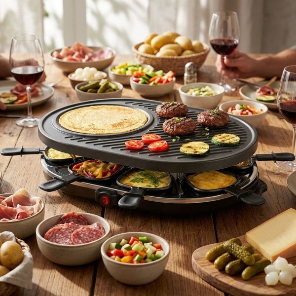 Raclette Grill für 8 Personen mit 8 Pfännchen antihaftbeschichtet – Tischgrill 8 Pfannen für Silvester, Party & Familien-Abende, Schwarz