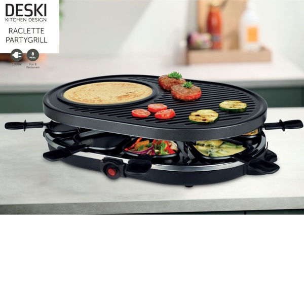 Raclette Grill für 8 Personen mit 8 Pfännchen antihaftbeschichtet – Tischgrill 8 Pfannen für Silvester, Party & Familien-Abende, Schwarz