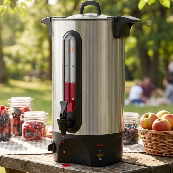 Glühweinkocher 5L mit Zapfhahn, Edelstahlgehäuse: 1300W – Ein Heissgetränkespender für Feste, Glühwein, Kaffee & Punsch – Perfekter Genuss