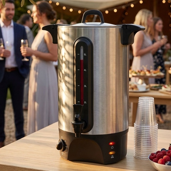 Glühweinkocher 5L mit Zapfhahn, Edelstahlgehäuse: 1300W – Ein Heissgetränkespender für Feste, Glühwein, Kaffee & Punsch – Perfekter Genuss