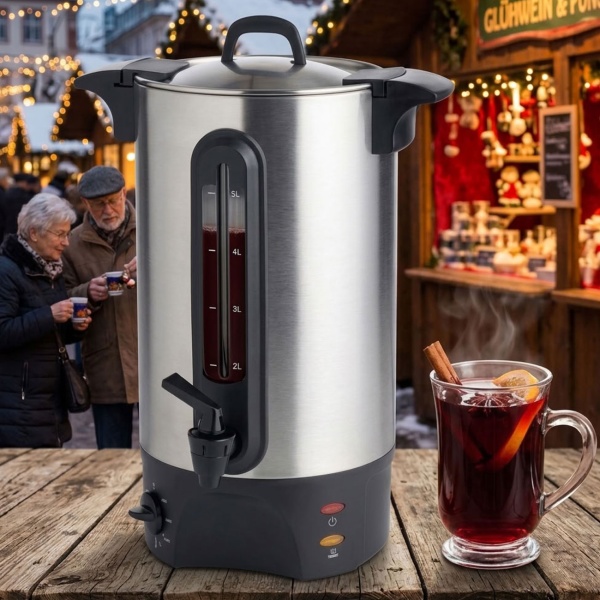 Glühweinkocher 5L mit Zapfhahn, Edelstahlgehäuse: 1300W – Ein Heissgetränkespender für Feste, Glühwein, Kaffee & Punsch – Perfekter Genuss