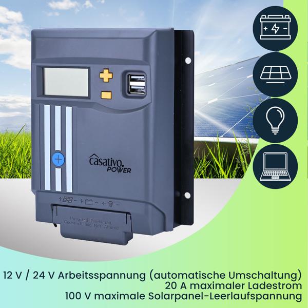 MPPT Solar-Laderegler f. 12V & 24V Batterien, 20A, LCD-Display, 2 USB-Ports, Überspannungsschutz, Solar Ladegerät Controller Solarmodule/Solar Panels