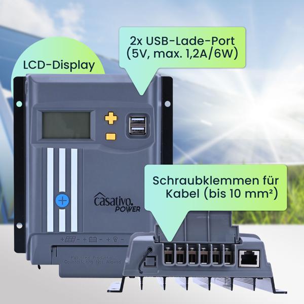 MPPT Solar-Laderegler f. 12V & 24V Batterien, 20A, LCD-Display, 2 USB-Ports, Überspannungsschutz, Solar Ladegerät Controller Solarmodule/Solar Panels