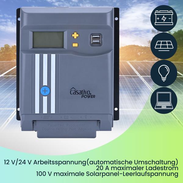 MPPT Solar-Laderegler 40A für 12V & 24V Batterien – Solarladegerät mit LCD-Display, 2 USB-Ports & vollem Überspannungsschutz