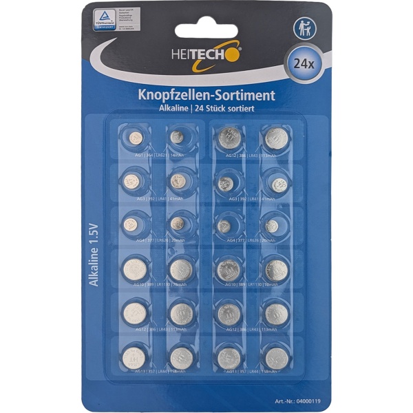 Knopfzellen-Sortiment Alkaline 24 Stück, 1,5 V Knopfbatterien Set mit AG1, AG3, AG4, AG8, AG10, AG12 und AG13 (LR44), Blisterkarte