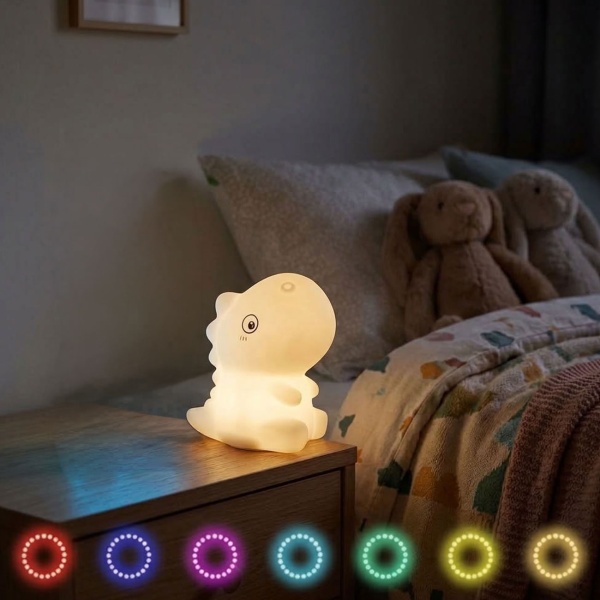 Nachtlicht T-Rex aus Silikon, LED Kinder-Nachtlicht Dino wiederaufladbar, Warmweiss & RGB-Farbwechsel, 3 h Timer, Tap-Steuerung, USB-C