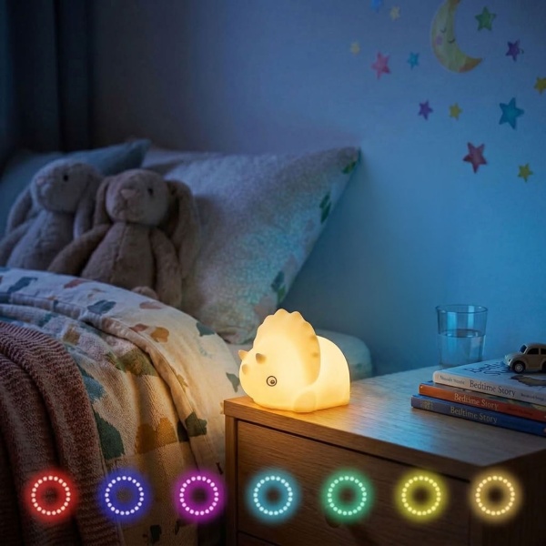 Nachtlicht Triceratops aus Silikon, LED Kinder-Nachtlicht Dino wiederaufladbar, Warmweiss & RGB-Farbwechsel, 3 h Timer, Tap-Steuerung, USB-C