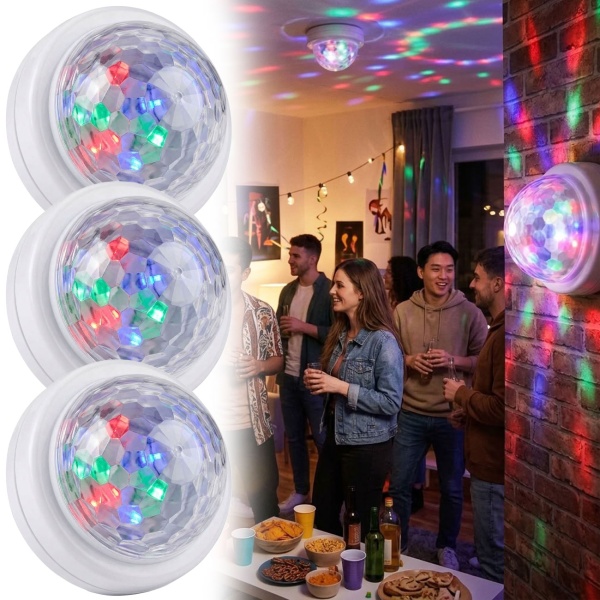 3er-Set Mini LED-Disco Licht mit Soundsensor, Partylicht mit Lichtspiel im Takt der Musik, Ein-/Aus Druckschalter, inkl. 3x Micro/AAA Batterien