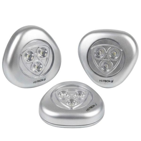 3er-Set LED Push-Lichter mit je 3 LEDs: Kompakte Touch-Lampen, batteriebetrieben inkl. 3x AAA - mit Klebestreifen und Halter, silber
