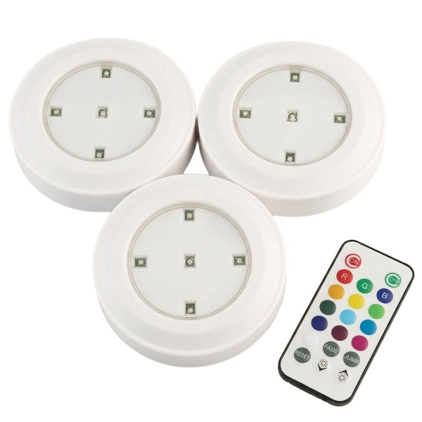 3er-Set LED Unterbauleuchten mit Fernbedienung RGB: Bunte Schrankbeleuchtung zum Kleben & Schrauben für Küche, Regal & Vitrine, je 5 LEDs