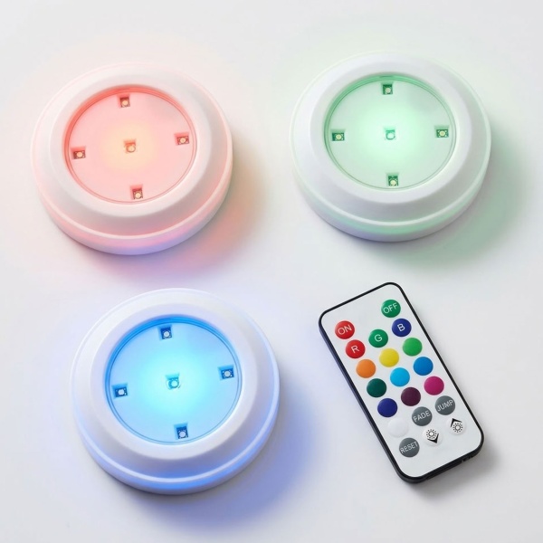 3er-Set LED Unterbauleuchten mit Fernbedienung RGB: Bunte Schrankbeleuchtung zum Kleben & Schrauben für Küche, Regal & Vitrine, je 5 LEDs