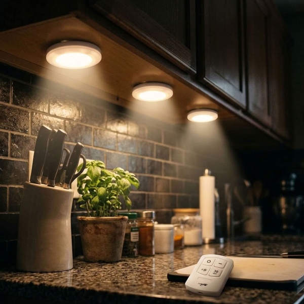 3er-Set LED Unterbauleuchten mit Fernbedienung: Schrankbeleuchtung mit Touchfeld, hell, gedämpft oder 30-Min-Timer, je 5 LEDs, inkl. Batterien