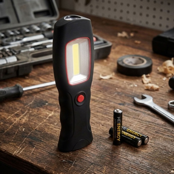 COB-LED-Arbeitsleuchte 3 Watt mit integrierter Taschenlampe, Haken und Magneten, Anti-Rutsch-Beschichtung, 200 Lumen, batteriebetrieben