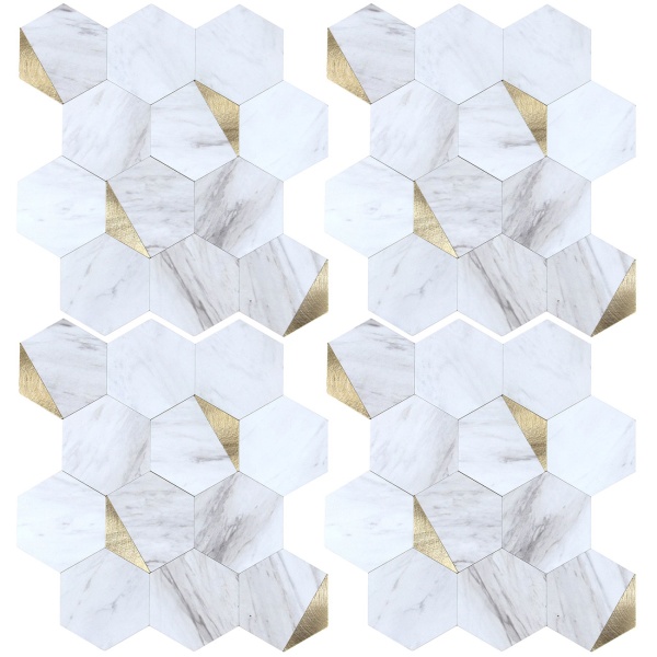 Fliesenaufkleber Selbstklebend, Hexagon Marmor Gold - 4 Stück, 25x23,2 cm SPC Wandfliesen Wasserfest - Fliesen Küche Bad Wand