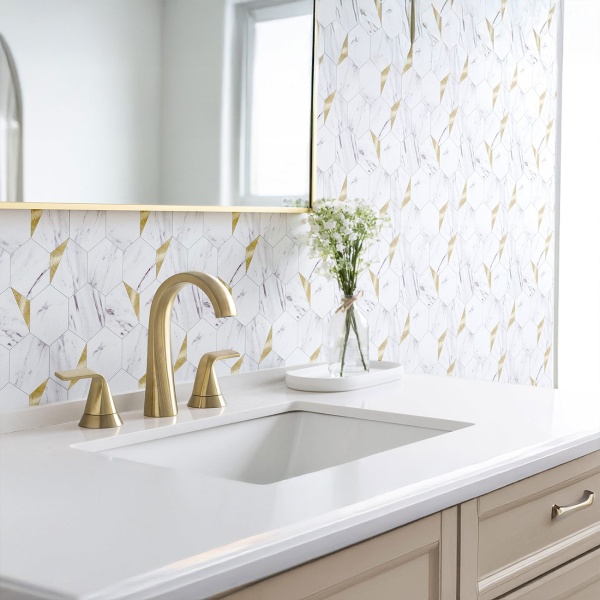 Fliesenaufkleber Selbstklebend, Hexagon Marmor Gold - 4 Stück, 25x23,2 cm SPC Wandfliesen Wasserfest - Fliesen Küche Bad Wand