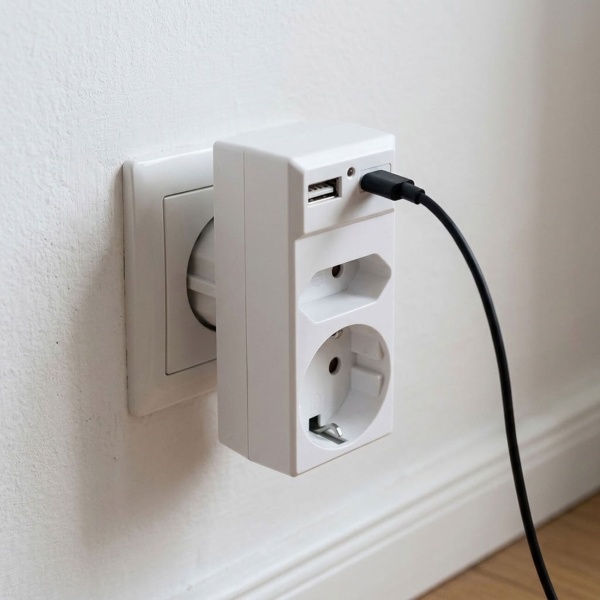 2-fach Steckdosenadapter mit USB-C und USB-A Ladeanschlüssen: 1x Schuko und 1x Euro-Steckdose, max. 500 W, weiss