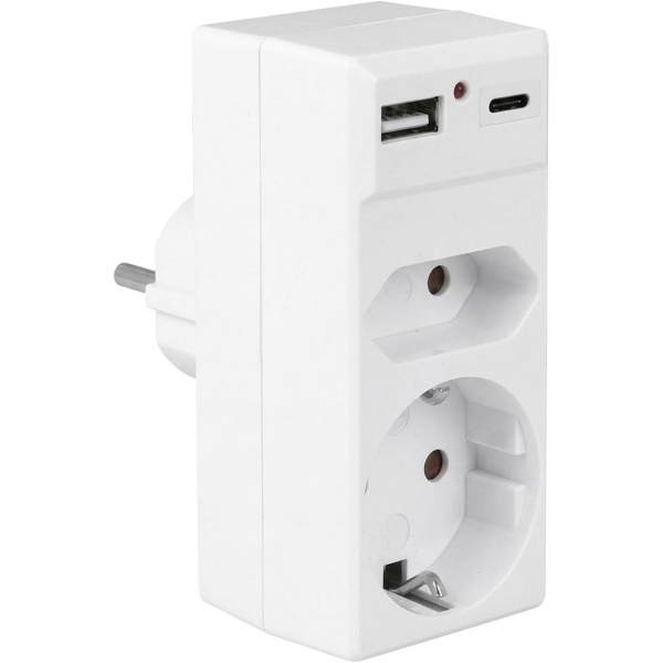 2-fach Steckdosenadapter mit USB-C und USB-A Ladeanschlüssen: 1x Schuko und 1x Euro-Steckdose, max. 500 W, weiss