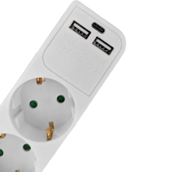 Tischsteckdosenleiste 3-fach mit USB-C und USB-A Ladebuchse, Schuko-Steckdosen in 45°-Anordnung, beleuchteter 2-poliger Schalter, 1,4 m