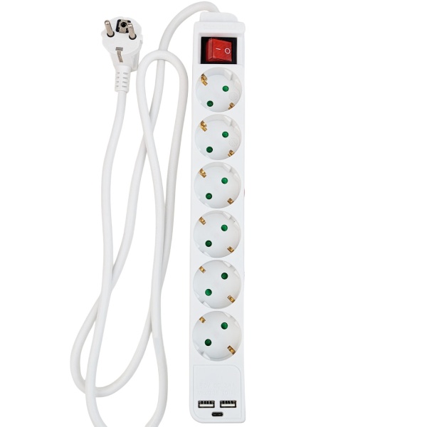 Tischsteckdosenleiste 6-fach mit 2 USB-Ladebuchsen USB-C und USB-A, 45° gedrehte Schuko-Steckdosen, beleuchteter 2-poliger Schalter