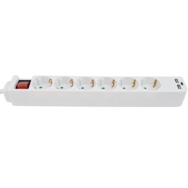 Tischsteckdosenleiste 6-fach mit 2 USB-Ladebuchsen USB-C und USB-A, 45° gedrehte Schuko-Steckdosen, beleuchteter 2-poliger Schalter