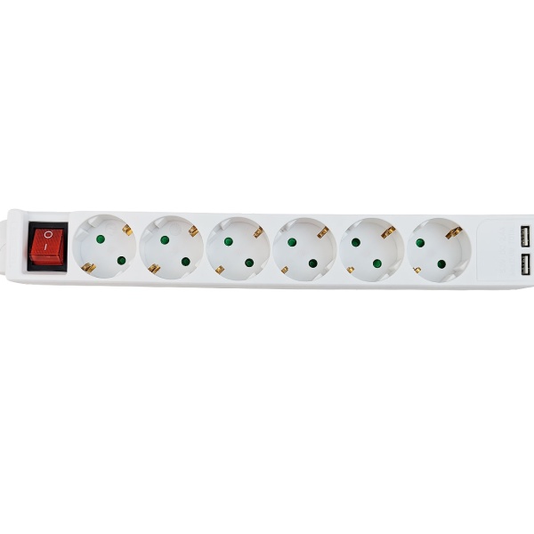 Tischsteckdosenleiste 6-fach mit 2 USB-Ladebuchsen USB-C und USB-A, 45° gedrehte Schuko-Steckdosen, beleuchteter 2-poliger Schalter