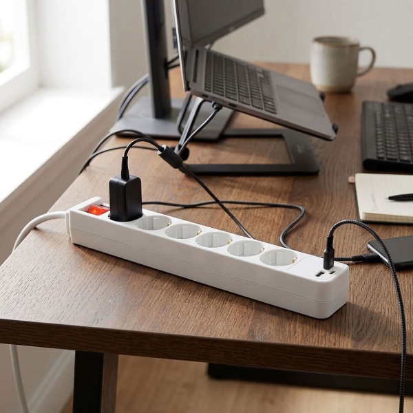 Tischsteckdosenleiste 6-fach mit 2 USB-Ladebuchsen USB-C und USB-A, 45° gedrehte Schuko-Steckdosen, beleuchteter 2-poliger Schalter