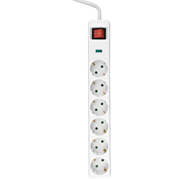 Steckdosenleiste 6-fach mit Überspannungsschutz, Typ 3 SPD, Statusanzeige, beleuchteter 2-poliger Schalter, Schuko 45°, H05VV-F 1,4 m Kabel
