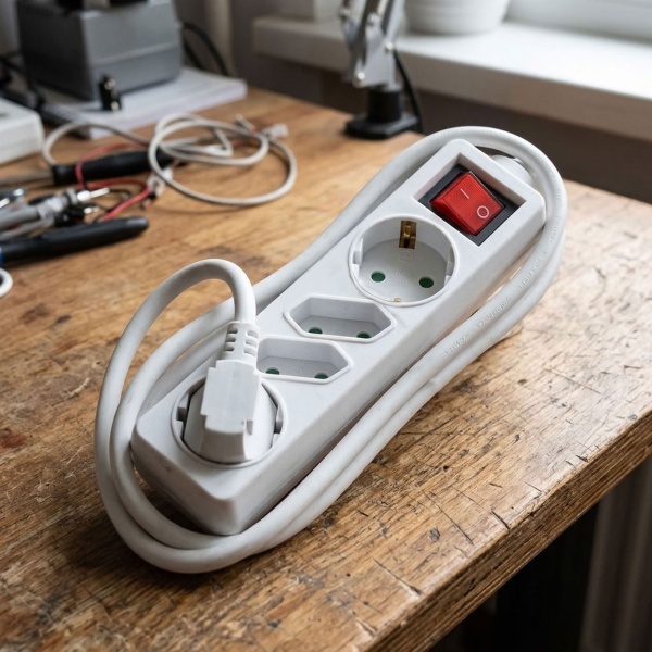 Tischsteckdose 4-fach mit Schalter, 2 Schuko- und 2 Euro-Steckdosen: 1,4 m Anschlusskabel H0SVV-F 3G 1,5 mm², 16 A, max. 3680 W, weiss