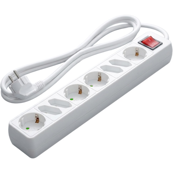 Tischsteckdose 8-fach mit Schalter, 4 Schuko- und 4 Euro-Steckdosen, Anschlusskabel 1,4 m H0SVV-F 3G 1,5 mm², 16 A, max. 3500 W, weiss