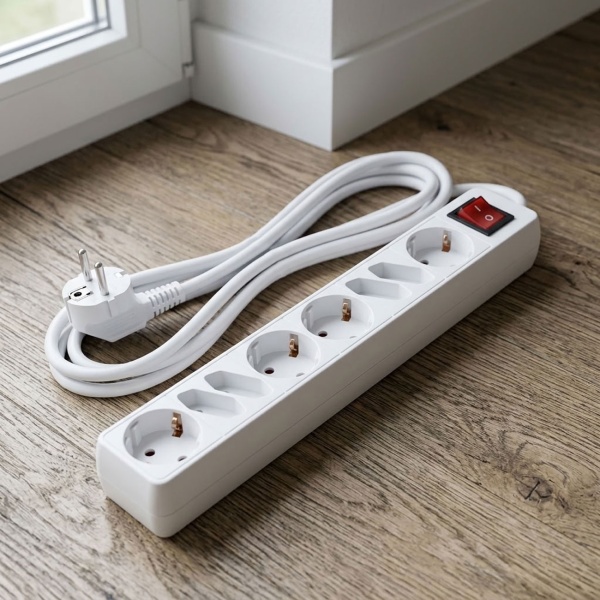 Tischsteckdose 8-fach mit Schalter, 4 Schuko- und 4 Euro-Steckdosen, Anschlusskabel 1,4 m H0SVV-F 3G 1,5 mm², 16 A, max. 3500 W, weiss