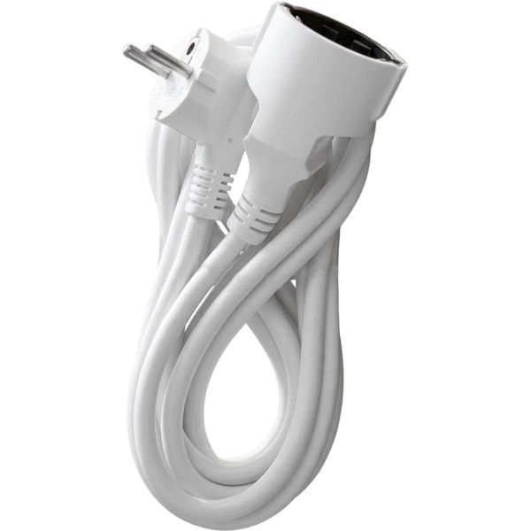 Verlängerungskabel 3 m, 3 x 1,5 mm², mit 90° abgewinkeltem Schuko-Stecker und angespritzter Schuko-Kupplung, 16 A, max. 3500 W, weiss