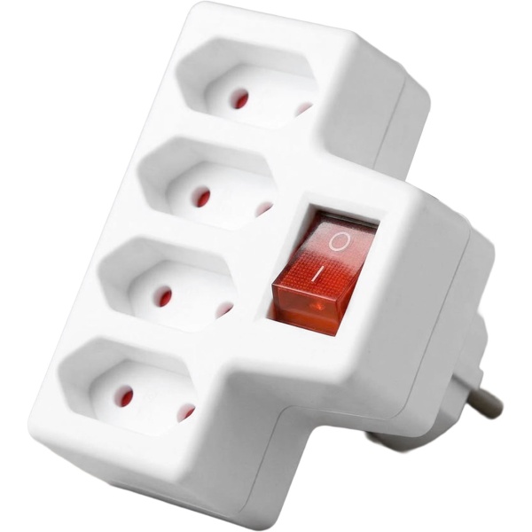 Schaltbarer Steckdosenadapter 4-fach Euro mit beleuchtetem 2-poligem Ein-/Ausschalter, vier Euro-Steckdosen, 250 V / 2,5 A, weiss