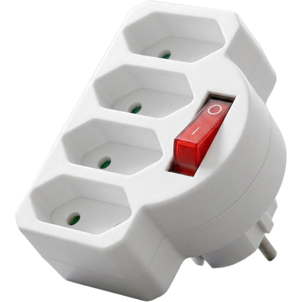 Schaltbarer Steckdosenadapter 4-fach Euro mit beleuchtetem Ein-/Ausschalter, vier Euro-Steckdosen, spart Standby-Strom, max. 2300 W, weiss
