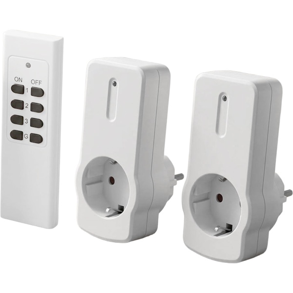 Funksteckdosen-Set 3-teilig mit 2 Funksteckdosen und 4-Kanal-Fernbedienung, 433,92 MHz, bis 30 m Reichweite, max. 2300 W, für innen