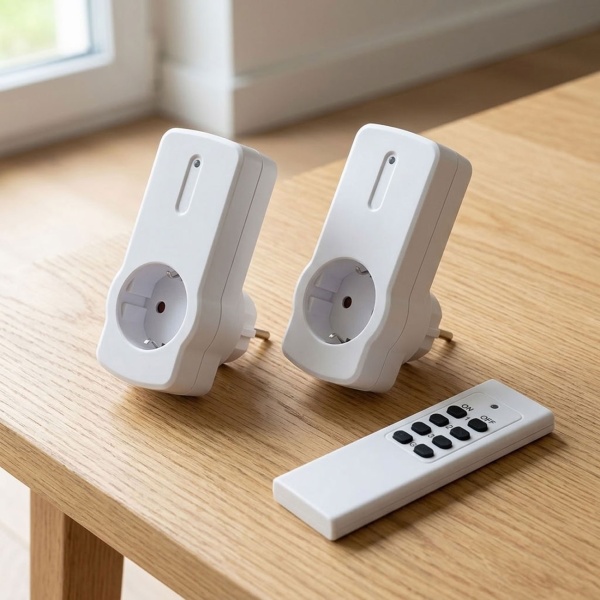 Funksteckdosen-Set 3-teilig mit 2 Funksteckdosen und 4-Kanal-Fernbedienung, 433,92 MHz, bis 30 m Reichweite, max. 2300 W, für innen