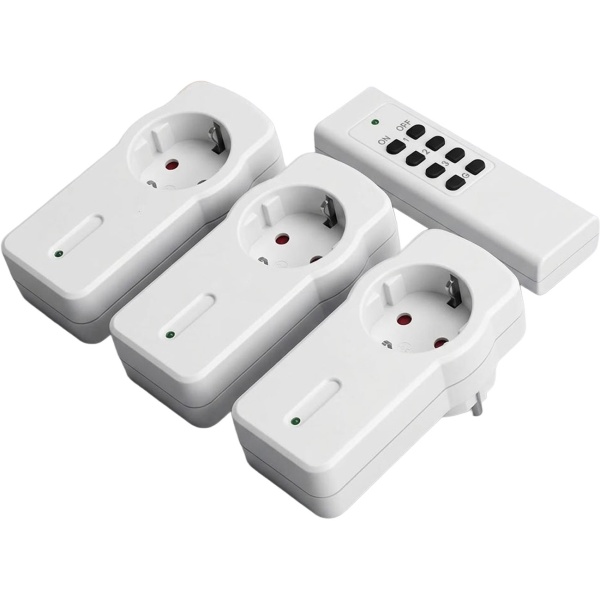 Funksteckdosen-Set 4-teilig mit 3 Funksteckdosenadaptern und Fernbedienung, selbstlernende Codierung, 433,92 MHz, max. 2300 W, für innen