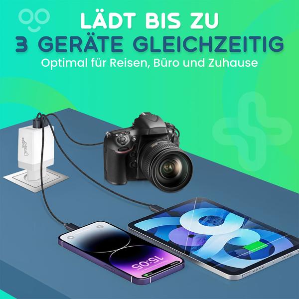 Effizientes Multi-Port USB Ladegerät mit 3 USB-A Ports & LED-Display, je 5 V/2,4 A, 3 Geräte gleichzeitig, für iPhone, Airpods, Samsung, Android, etc