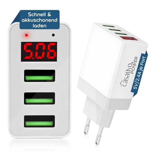 Effizientes Multi-Port USB Ladegerät mit 3 USB-A Ports & LED-Display, je 5 V/2,4 A, 3 Geräte gleichzeitig, für iPhone, Airpods, Samsung, Android, etc