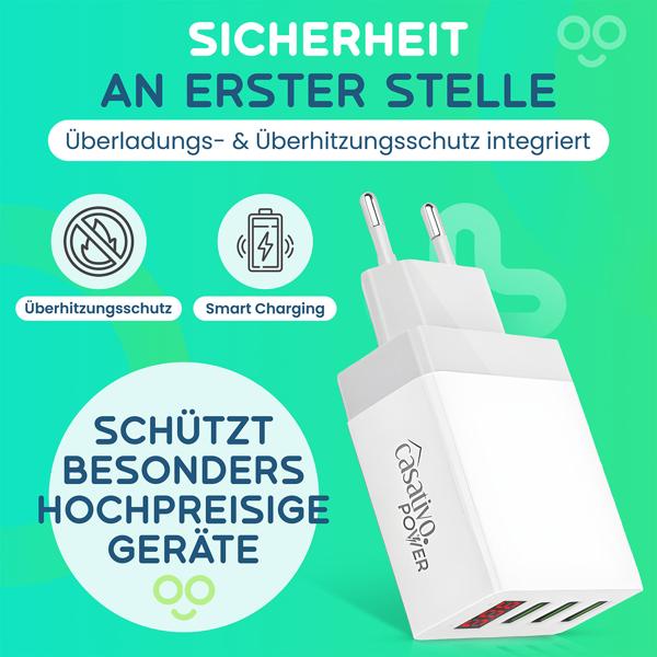 Effizientes Multi-Port USB Ladegerät mit 3 USB-A Ports & LED-Display, je 5 V/2,4 A, 3 Geräte gleichzeitig, für iPhone, Airpods, Samsung, Android, etc
