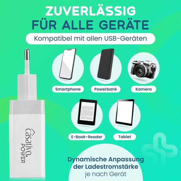 Effizientes Multi-Port USB Ladegerät mit 3 USB-A Ports & LED-Display, je 5 V/2,4 A, 3 Geräte gleichzeitig, für iPhone, Airpods, Samsung, Android, etc