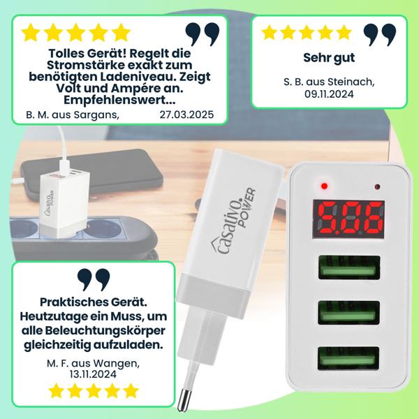 Effizientes Multi-Port USB Ladegerät mit 3 USB-A Ports & LED-Display, je 5 V/2,4 A, 3 Geräte gleichzeitig, für iPhone, Airpods, Samsung, Android, etc