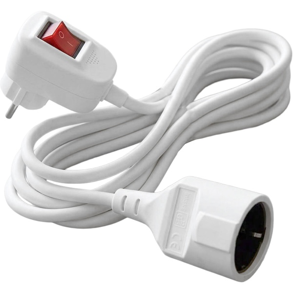 Verlängerungskabel mit Schalter 3 m weiss, beleuchteter 2-poliger Ein-/Ausschalter am Stecker, 3 x 1,5 mm², 90° Schuko-Stecker, bis 3500 W